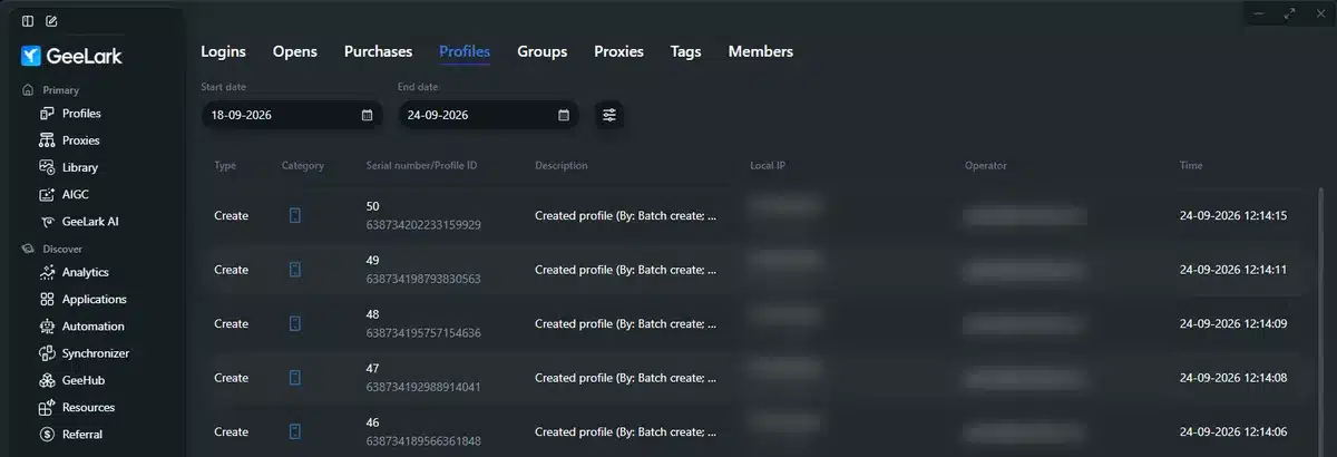 GeeLark activity log showing cloud phone profiles created in a TikTok group