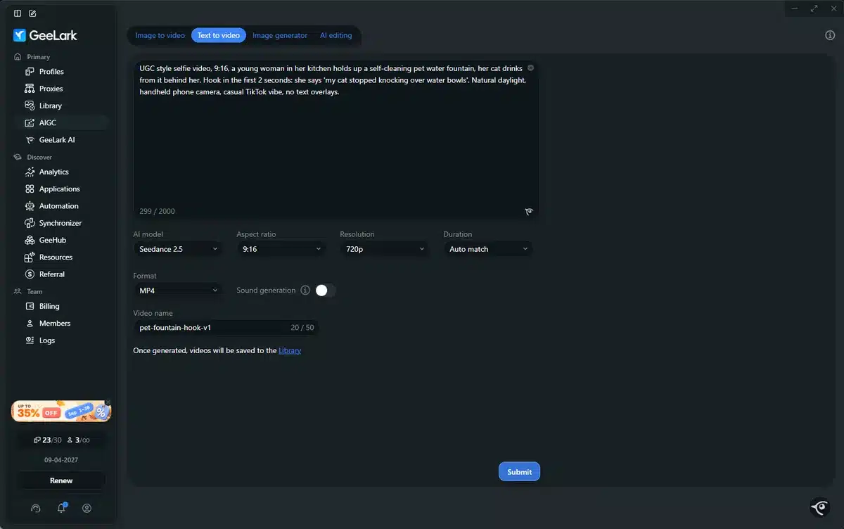 GeeLark AI text to video generator with a UGC style prompt for a TikTok hook