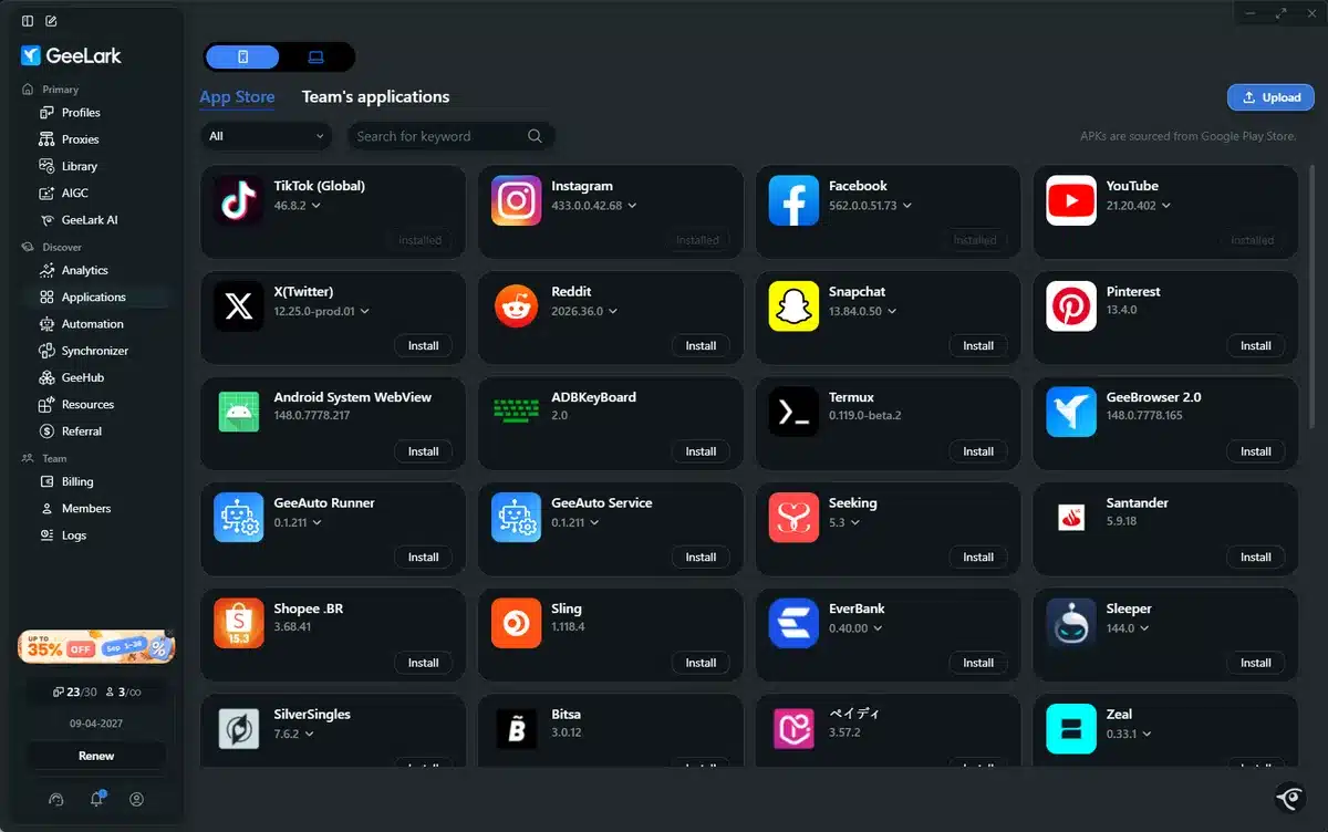 GeeLark app store with TikTok, Instagram, Facebook and YouTube installed on cloud phones