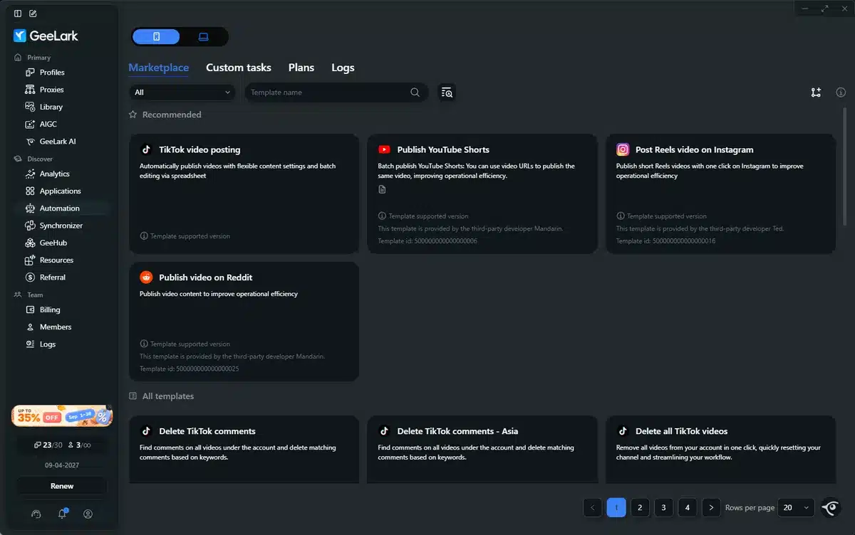 GeeLark automation template library with TikTok video posting, YouTube Shorts and Instagram Reels templates