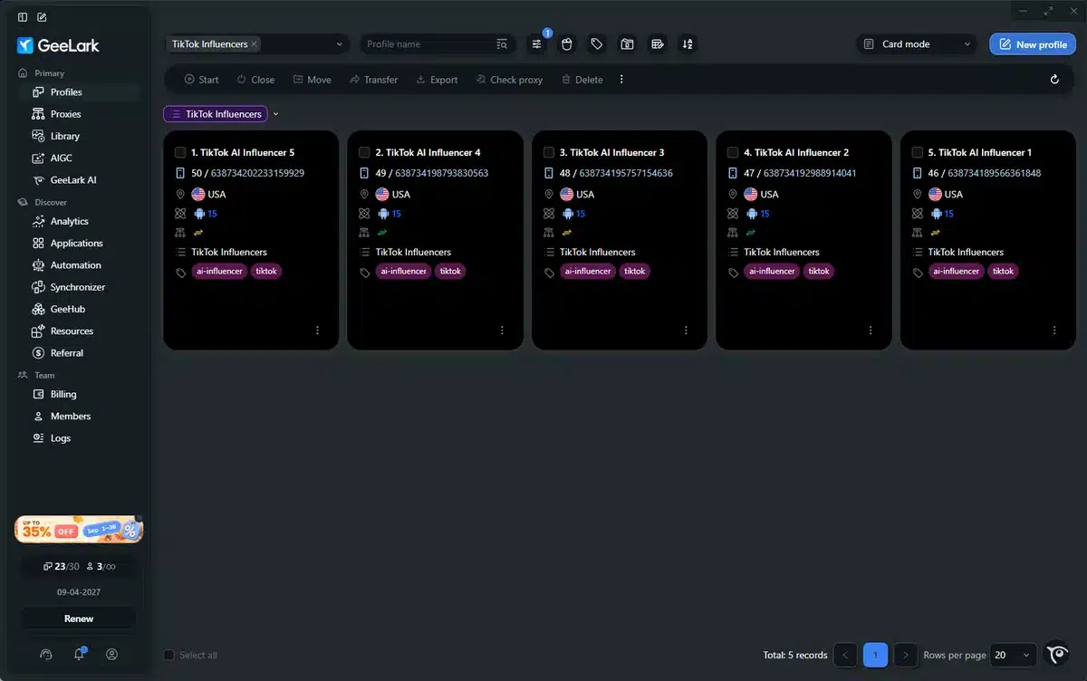 GeeLark dashboard with five TikTok cloud phones grouped under TikTok Influencers