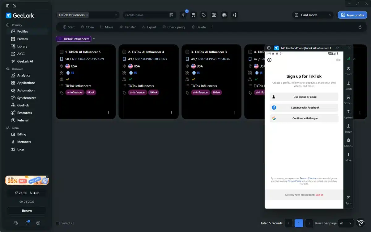 TikTok running natively inside a GeeLark cloud phone window on the dashboard
