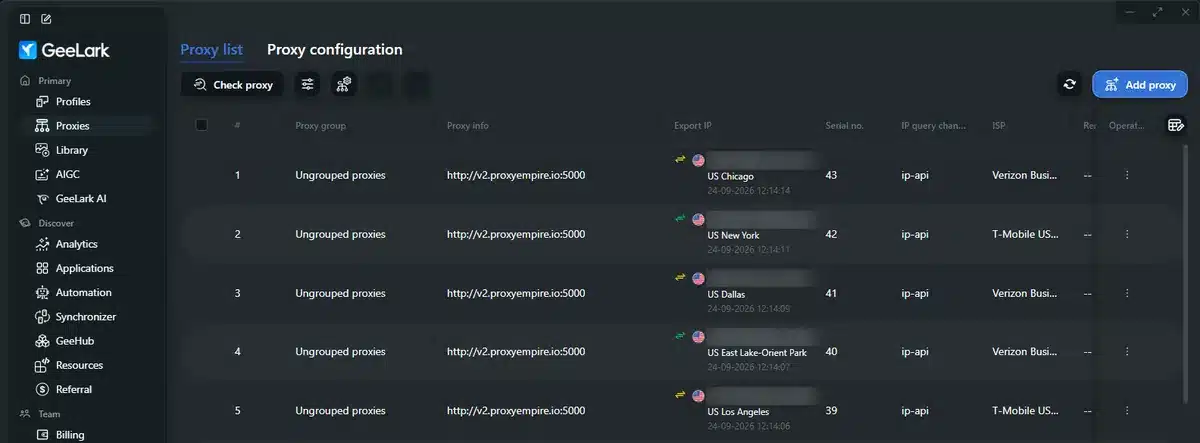 GeeLark proxy list with a US mobile proxy per cloud phone showing city and ISP