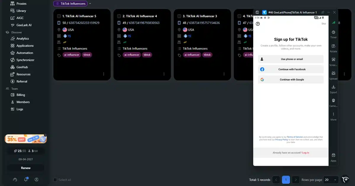 GeeLark review: cloud phone running TikTok on the GeeLark dashboard