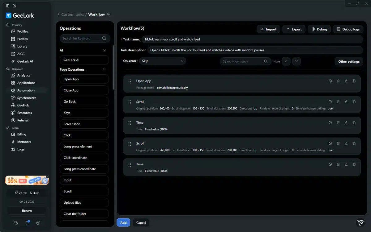 GeeLark RPA builder with a TikTok warm-up flow that opens the app, scrolls the feed and waits