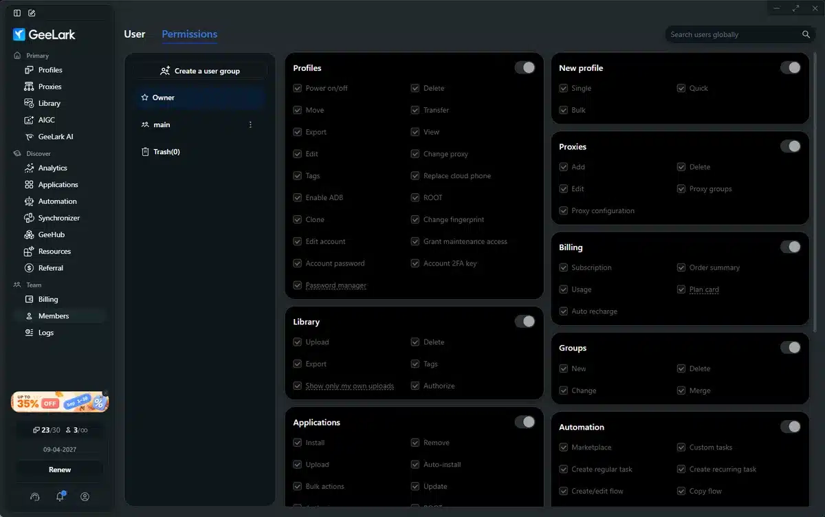 GeeLark team roles and permission settings for cloud phone profiles