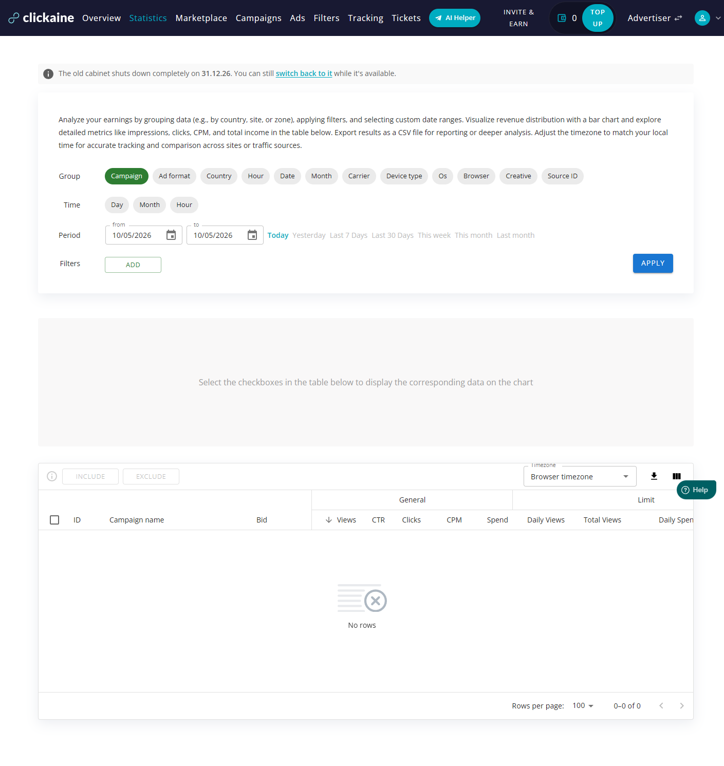 Clickaine Statistics interface with grouping by campaign, country, device, creative and Source ID, plus date and filter controls