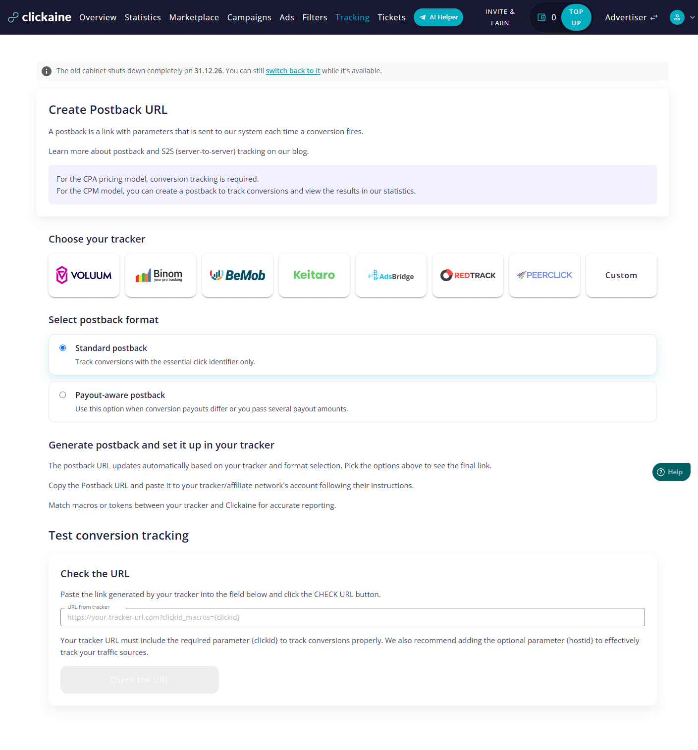 Clickaine tracking page with tracker presets, standard and payout-aware postback options, and a tracker URL check