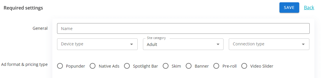 Clickaine campaign builder showing Popunder, Native Ads, Spotlight Bar, Skim, Banner, Pre-roll and Video Slider format choices