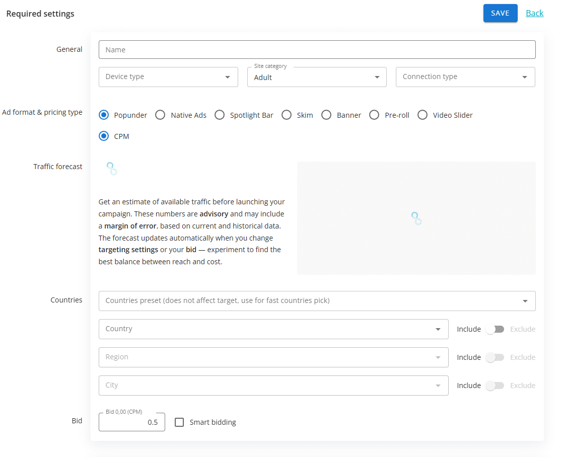 Clickaine Popunder setup with CPM billing, traffic forecast, geographic controls and the Smart bidding checkbox