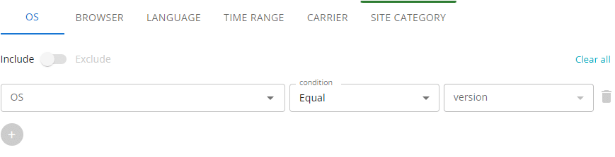 Clickaine additional targeting with OS, browser, language, time range, carrier and site-category tabs, and OS inclusion and version controls