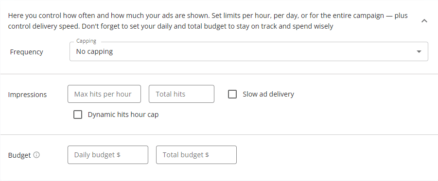 Clickaine campaign controls for frequency, hourly hits, delivery speed, daily budget and total budget