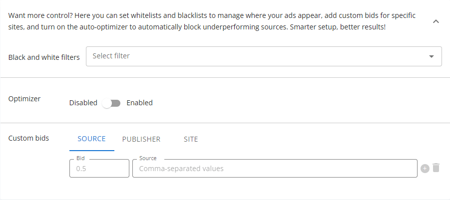 Clickaine Advanced settings showing source filters, the Optimizer toggle and custom bids by source, publisher or site