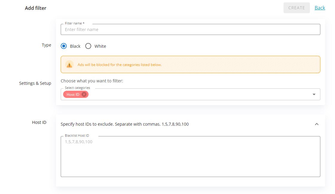 Clickaine source-filter builder showing Black and White options and a Host ID exclusion field